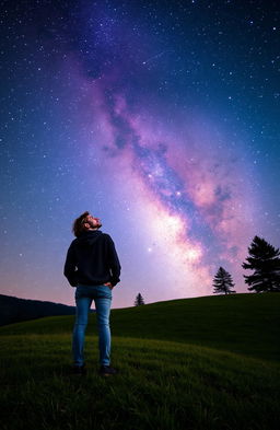 A person standing on a grassy hill gazing up at a majestic galaxy in the night sky