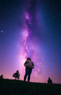 A person standing on a grassy hill gazing up at a majestic galaxy in the night sky