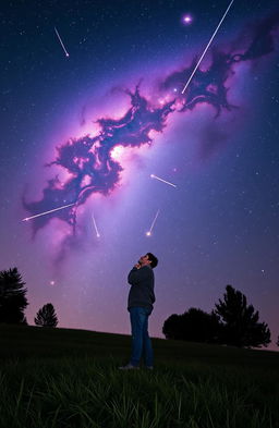 A person standing on a grassy hill gazing up at a majestic galaxy in the night sky