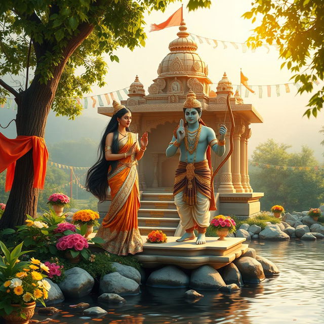 A beautifully decorated Hindu temple scene representing the divine couple Sita and Rama, surrounded by lush greenery and floral offerings