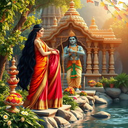 A beautifully decorated Hindu temple scene representing the divine couple Sita and Rama, surrounded by lush greenery and floral offerings