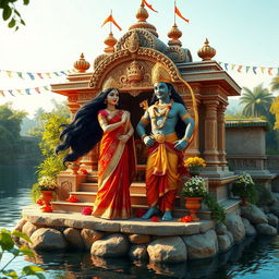 A beautifully decorated Hindu temple scene representing the divine couple Sita and Rama, surrounded by lush greenery and floral offerings