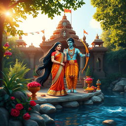 A beautifully decorated Hindu temple scene representing the divine couple Sita and Rama, surrounded by lush greenery and floral offerings