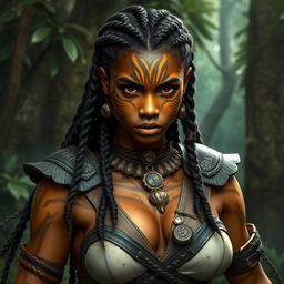 A female earth genasi character, showcasing skin that resembles the mesmerizing patterns of tigers eye gemstone, featuring warm golden hues and dark brown swirls