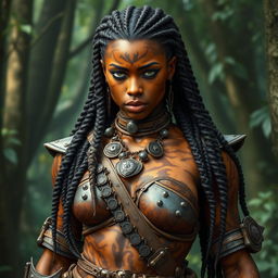 A female earth genasi character, showcasing skin that resembles the mesmerizing patterns of tigers eye gemstone, featuring warm golden hues and dark brown swirls
