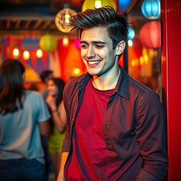 A humorous scene featuring an attractive 20-year-old man with a stylish haircut and trendy casual clothing, standing in a vibrant setting