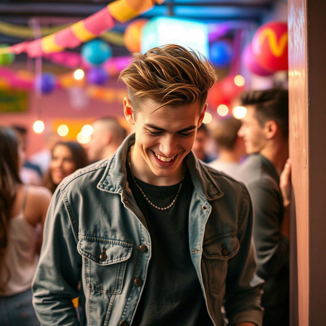 A humorous scene featuring an attractive 20-year-old man with a stylish haircut and trendy casual clothing, standing in a vibrant setting