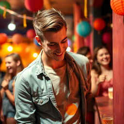 A humorous scene featuring an attractive 20-year-old man with a stylish haircut and trendy casual clothing, standing in a vibrant setting