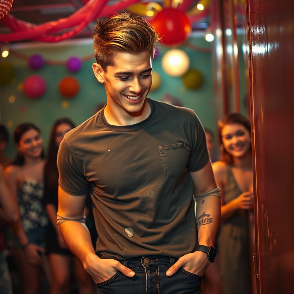 A humorous scene featuring an attractive 20-year-old man with a stylish haircut and trendy casual clothing, standing in a vibrant setting