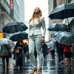 A beautiful, voluptuous 19-year-old blond girl stands on a busy street sidewalk where it is pouring rain, surrounded by people carrying umbrellas while she stands uncovered