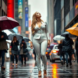 A beautiful, voluptuous 19-year-old blond girl stands on a busy street sidewalk where it is pouring rain, surrounded by people carrying umbrellas while she stands uncovered