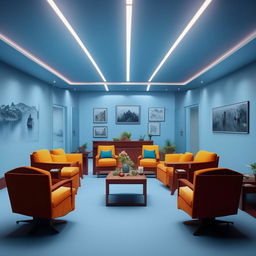 Rework the design to portray a boss's office rather than a meeting hall using Nepali thematics. Include a commanding desk-chair setup, fewer seats, more wall pictures and a small sofa. Keep the light-blue color scheme with its tints and tones.