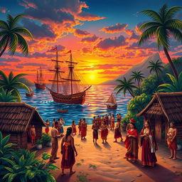 A historical depiction of the Spanish colonization in the Philippines, showcasing key elements such as Spanish galleons sailing in the Philippine waters, indigenous people interacting with Spanish explorers, traditional Filipino huts, lush tropical landscapes, and Spanish missionaries spreading Christianity
