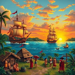 A historical depiction of the Spanish colonization in the Philippines, showcasing key elements such as Spanish galleons sailing in the Philippine waters, indigenous people interacting with Spanish explorers, traditional Filipino huts, lush tropical landscapes, and Spanish missionaries spreading Christianity