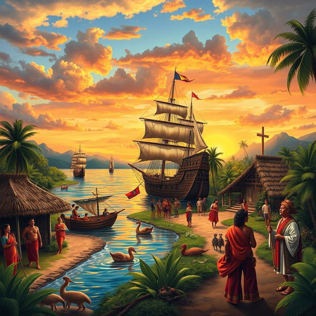 A historical depiction of the Spanish colonization in the Philippines, showcasing key elements such as Spanish galleons sailing in the Philippine waters, indigenous people interacting with Spanish explorers, traditional Filipino huts, lush tropical landscapes, and Spanish missionaries spreading Christianity