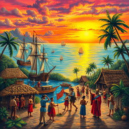 A historical depiction of the Spanish colonization in the Philippines, showcasing key elements such as Spanish galleons sailing in the Philippine waters, indigenous people interacting with Spanish explorers, traditional Filipino huts, lush tropical landscapes, and Spanish missionaries spreading Christianity