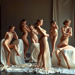 A collection of elegant, artistic nude female figures posed in an artistic studio setting