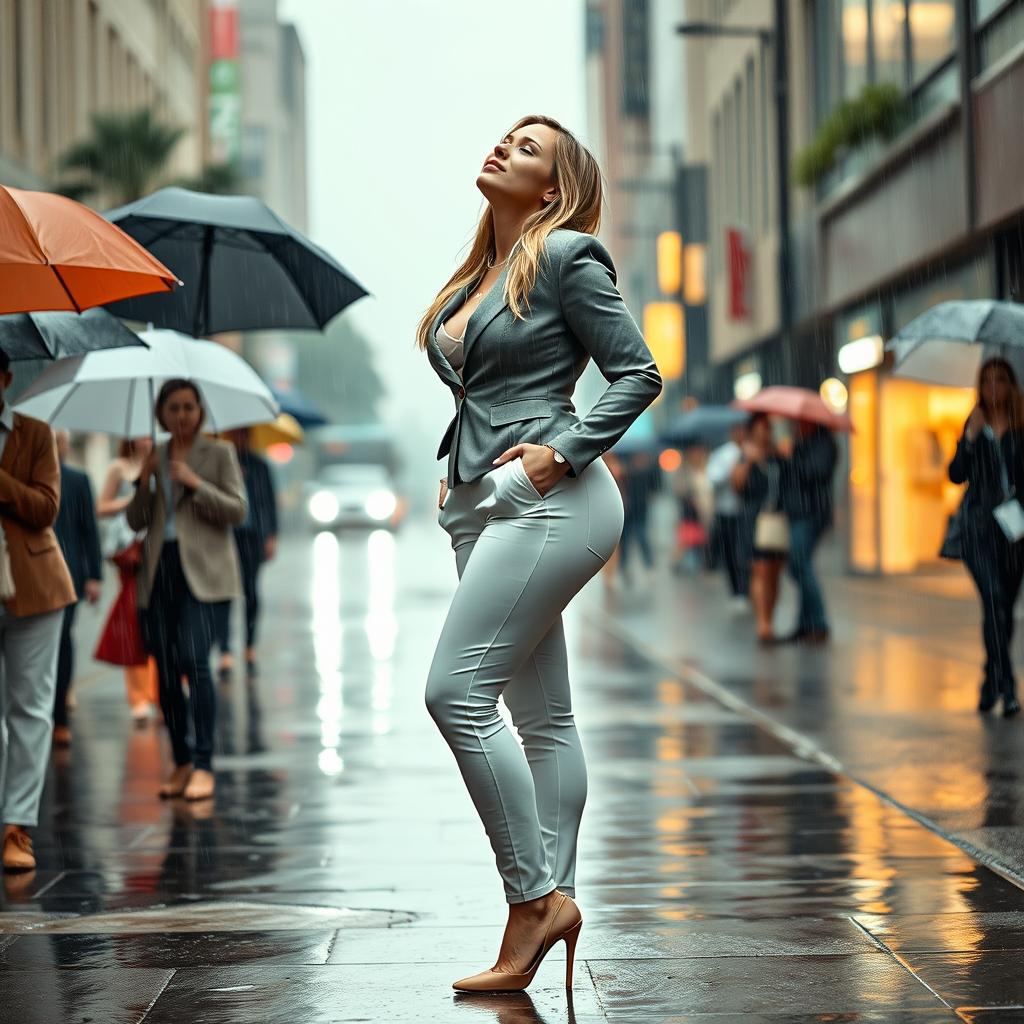 A beautiful, voluptuous, curvy 19-year-old blond girl stands confidently on a busy street sidewalk during a heavy downpour, with everyone else around her holding umbrellas while she stands uncovered