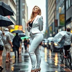 A beautiful, voluptuous, curvy 19-year-old blond girl stands confidently on a busy street sidewalk during a heavy downpour, with everyone else around her holding umbrellas while she stands uncovered