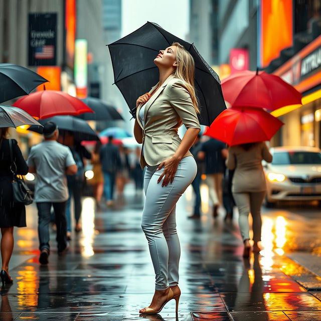 A beautiful, voluptuous, curvy 19-year-old blond girl stands on a busy street sidewalk amidst a heavy downpour, with everyone around her carrying umbrellas while she remains uncovered