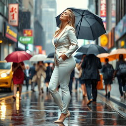 A beautiful, voluptuous, curvy 19-year-old blond girl stands on a busy street sidewalk amidst a heavy downpour, with everyone around her carrying umbrellas while she remains uncovered