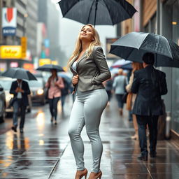 A beautiful, voluptuous, curvy 19-year-old blond girl stands on a busy street sidewalk amidst a heavy downpour, with everyone around her carrying umbrellas while she remains uncovered
