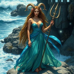 A majestic Capricorn goddess standing on a rocky cliff by the sea, embodying the spirit of the sea goat