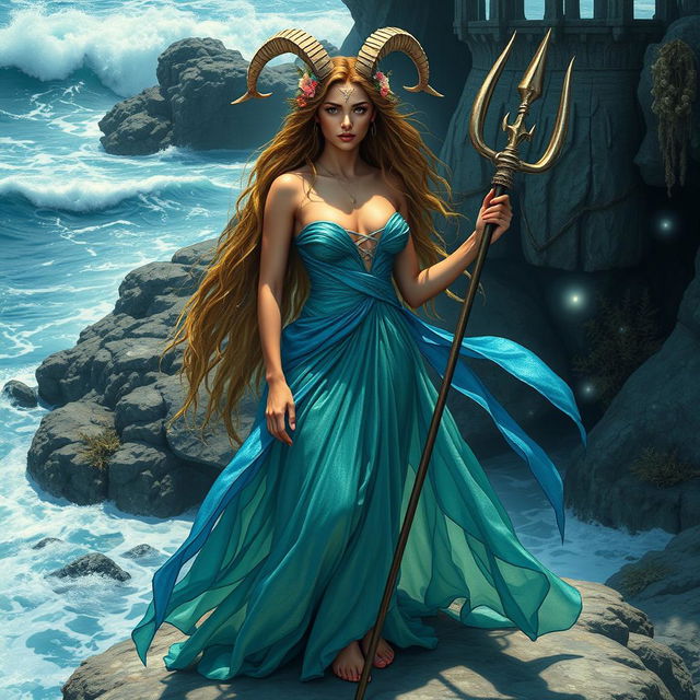 A majestic Capricorn goddess standing on a rocky cliff by the sea, embodying the spirit of the sea goat
