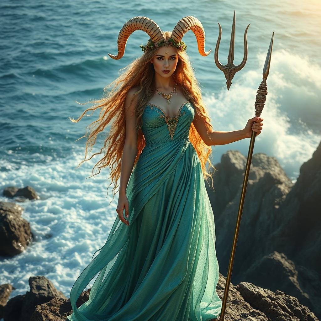 A majestic Capricorn goddess standing on a rocky cliff by the sea, embodying the spirit of the sea goat