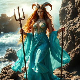 A majestic Capricorn goddess standing on a rocky cliff by the sea, embodying the spirit of the sea goat