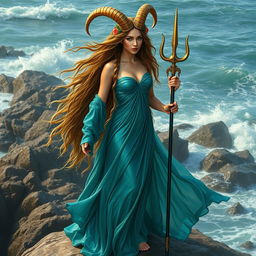 A majestic Capricorn goddess standing on a rocky cliff by the sea, embodying the spirit of the sea goat