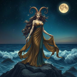 A stunning Capricorn goddess standing majestically on a rocky cliff under a starry night sky