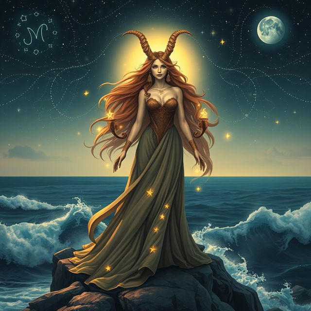 A stunning Capricorn goddess standing majestically on a rocky cliff under a starry night sky