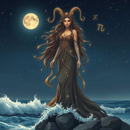 A stunning Capricorn goddess standing majestically on a rocky cliff under a starry night sky