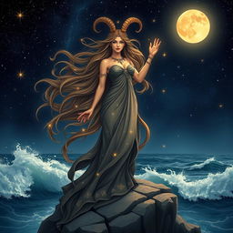 A stunning Capricorn goddess standing majestically on a rocky cliff under a starry night sky