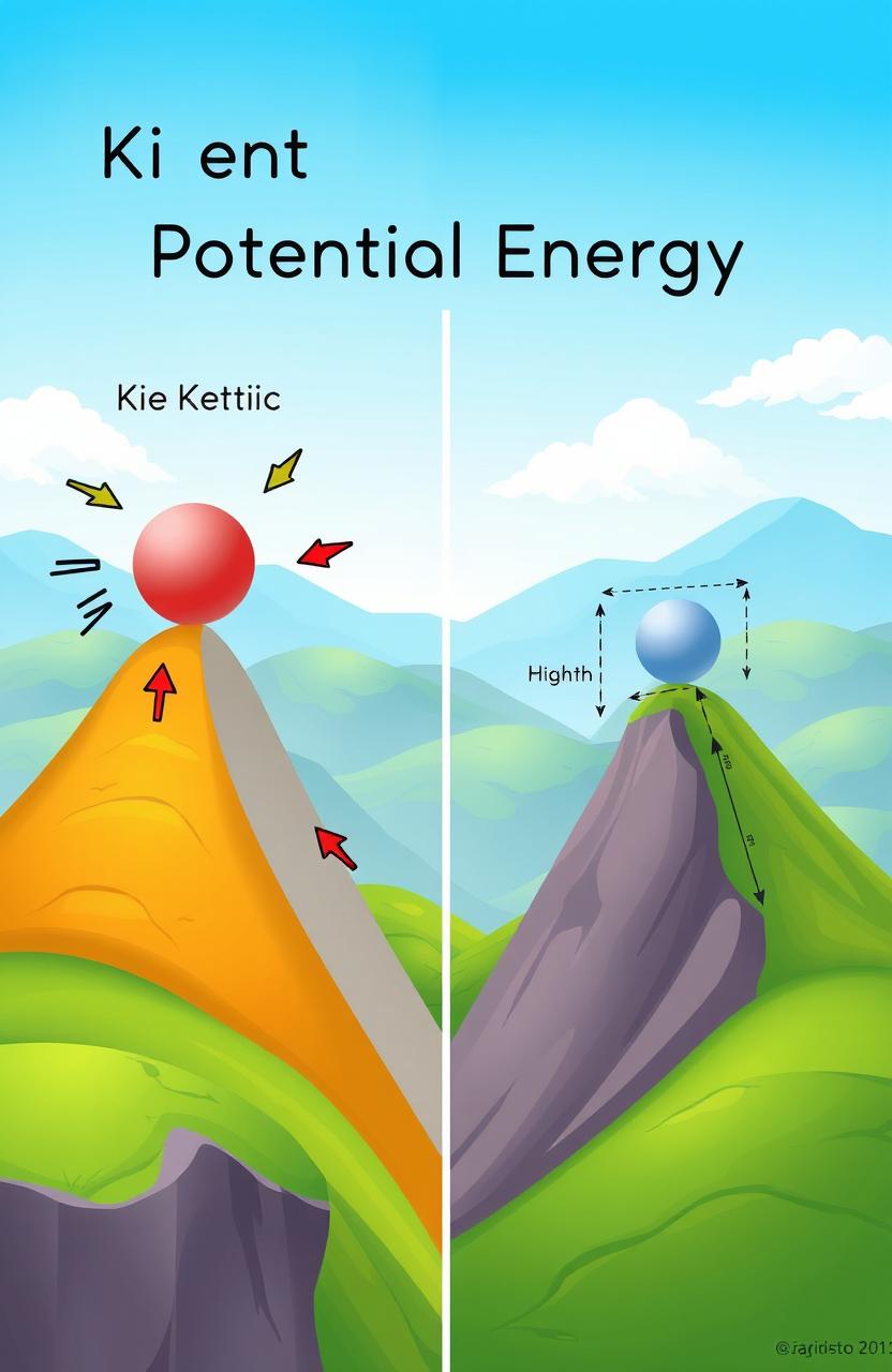 A detailed educational illustration depicting the concepts of kinetic and potential energy in physics