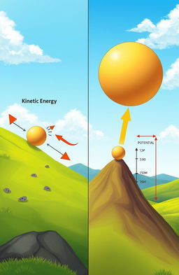A detailed educational illustration depicting the concepts of kinetic and potential energy in physics
