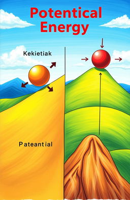 A detailed educational illustration depicting the concepts of kinetic and potential energy in physics