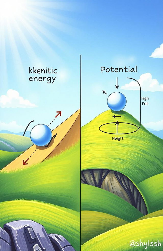 A detailed educational illustration depicting the concepts of kinetic and potential energy in physics