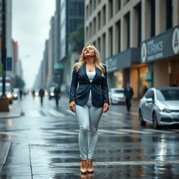 A beautiful, voluptuous, curvy 19-year-old blond girl stands confidently on a busy street sidewalk during a heavy rainstorm, not carrying an umbrella