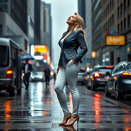 A beautiful, voluptuous, curvy 19-year-old blond girl stands confidently on a busy street sidewalk during a heavy rainstorm, not carrying an umbrella