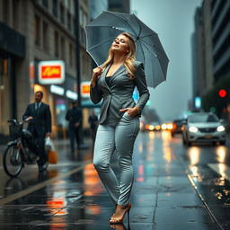 A beautiful, voluptuous, curvy 19-year-old blond girl stands confidently on a busy street sidewalk during a heavy rainstorm, not carrying an umbrella