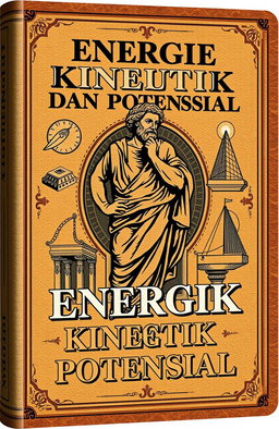A vintage book cover design titled 'Energi Kinetik dan Potensial', featuring a classical depiction of Archimedes in a thoughtful pose, surrounded by illustrations of kinetic energy concepts like moving objects and potential energy scenarios like heights and masses