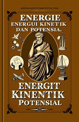A vintage book cover design titled 'Energi Kinetik dan Potensial', featuring a classical depiction of Archimedes in a thoughtful pose, surrounded by illustrations of kinetic energy concepts like moving objects and potential energy scenarios like heights and masses