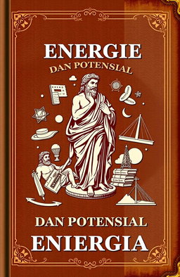 A vintage book cover design titled 'Energi Kinetik dan Potensial', featuring a classical depiction of Archimedes in a thoughtful pose, surrounded by illustrations of kinetic energy concepts like moving objects and potential energy scenarios like heights and masses