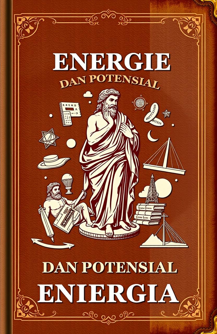 A vintage book cover design titled 'Energi Kinetik dan Potensial', featuring a classical depiction of Archimedes in a thoughtful pose, surrounded by illustrations of kinetic energy concepts like moving objects and potential energy scenarios like heights and masses