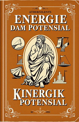 A vintage book cover design titled 'Energi Kinetik dan Potensial', featuring a classical depiction of Archimedes in a thoughtful pose, surrounded by illustrations of kinetic energy concepts like moving objects and potential energy scenarios like heights and masses