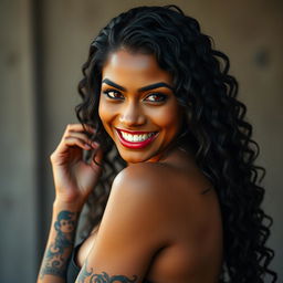 A beautiful Hispanic woman with dark tan skin and seductive red eyes