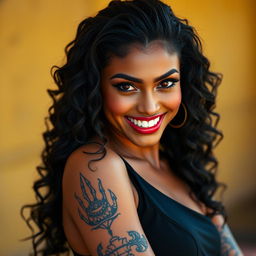 A beautiful Hispanic woman with dark tan skin and seductive red eyes