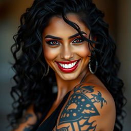 A beautiful Hispanic woman with dark tan skin and seductive red eyes